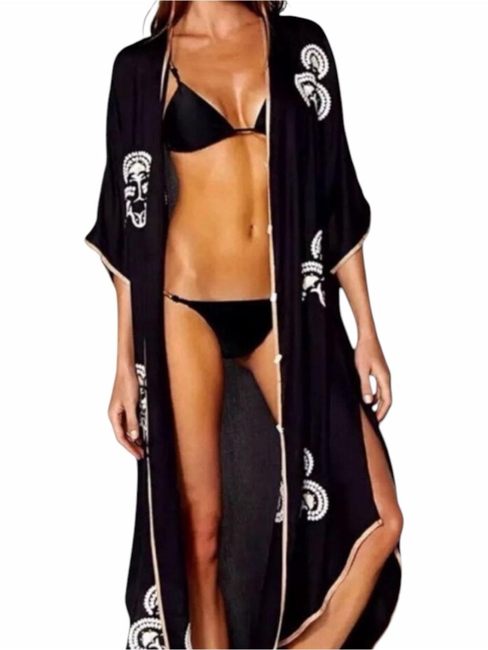 Black White Embroidered Tribal Button Up Maxi Kaftan Kimono Duster NWT